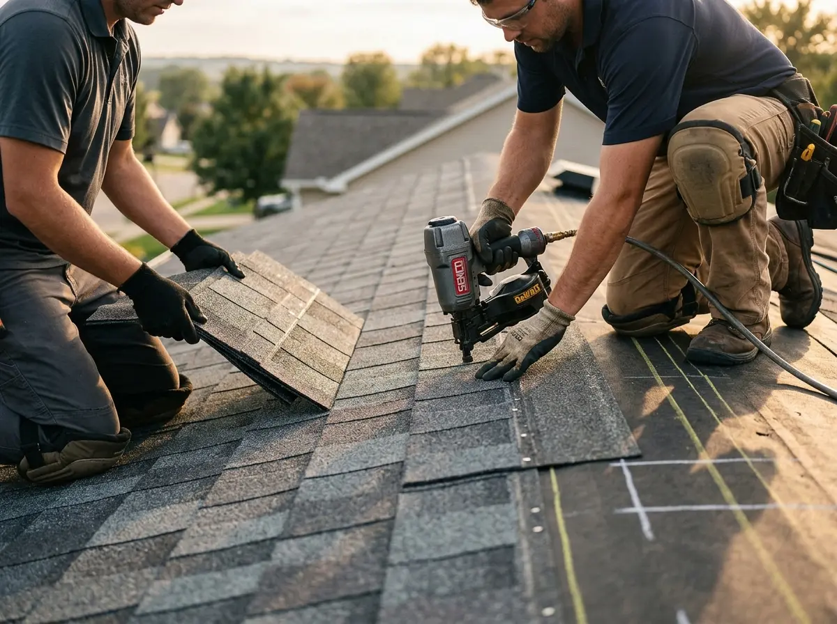 Professional roofer working on a residential roof in Hayesville